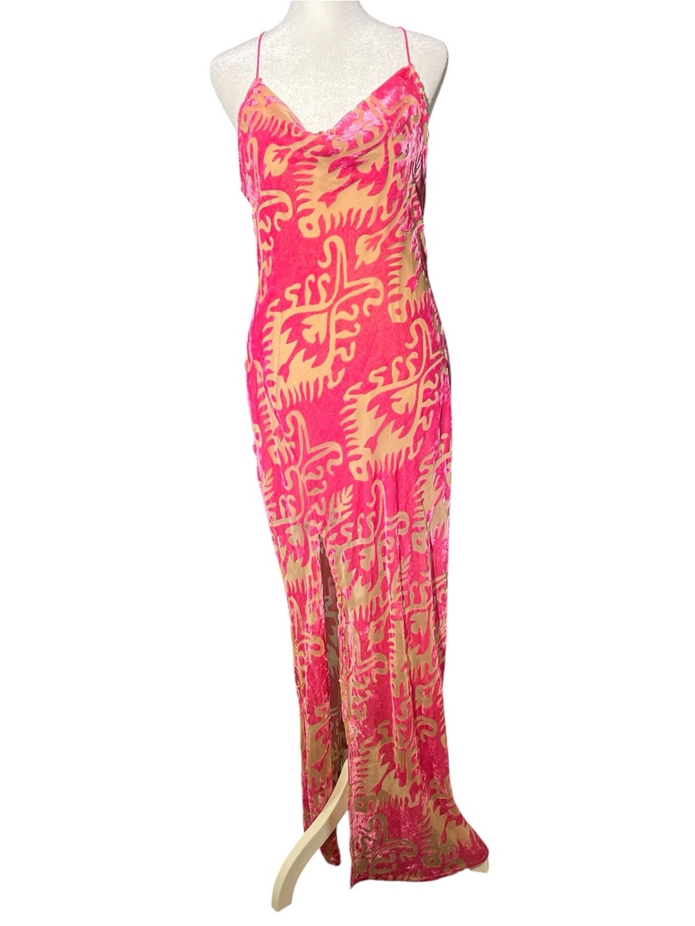 NEVER FULLY DRESSED Shay Slip Maxi Dress Pink Nude Velvet High Slit 8 NWT